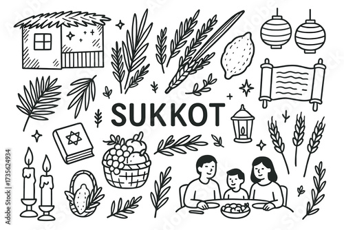 Sukkot celebration symbols: family, decorations, and traditions in black and white