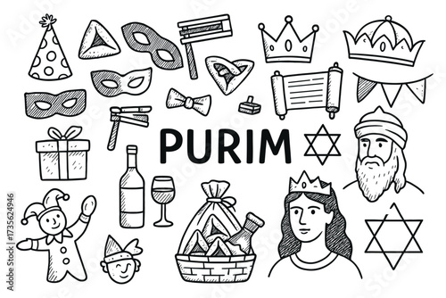 Purim celebration doodles: symbols and festive elements in black and white