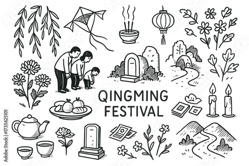 Qingming festival illustrations with male figures and traditional symbols
