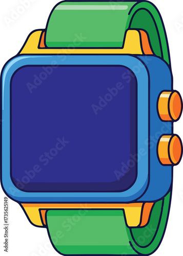 Illustration of cartoon smartwatch with blue screen and green strap isolated on white background