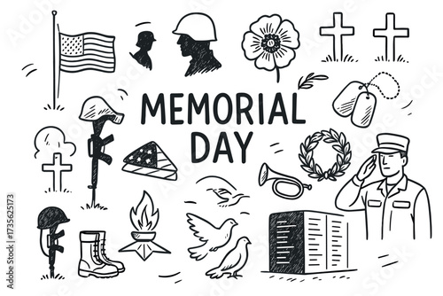 Memorial day symbols collection with military tribute icons and soldiers