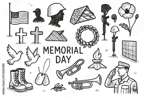 Memorial day illustrations: military symbols, flags, and tributes