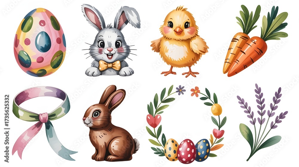 Naklejka premium Cute watercolor easter collection with bunny, chick, egg, carrot, ribbon, wreath, and lavender isolated on white background