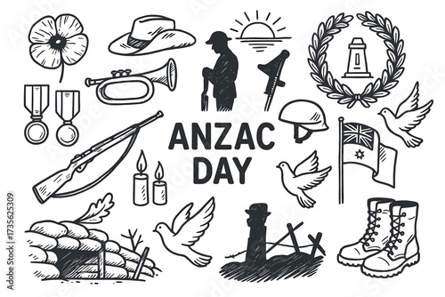 Anzac day tribute: illustrations of commemoration and remembrance symbols