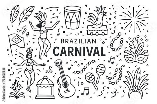 Brazilian carnival celebration: dance, music, and festive icons in black and white