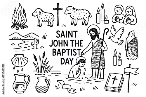 Saint john the baptist day symbols: baptism, sheep, candles, cross, prayer