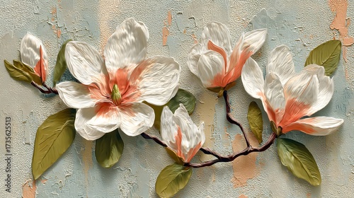 Magnolia mural wallpaper with reptile leather surface. White magnolia floral wallpaper with luxury texture