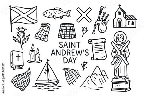 Saint andrew's day symbols: scottish icons and traditions illustrated in black and white
