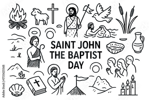 Saint john the baptist day symbols and icons in black and white
