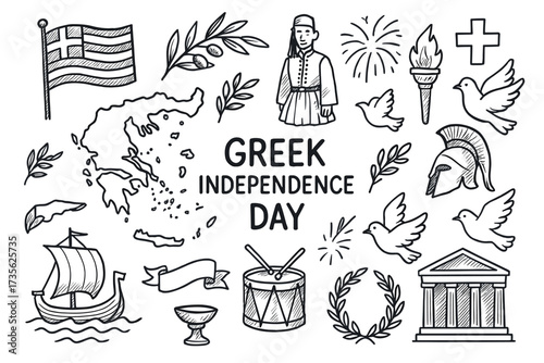 Greek independence day symbols: flag, spartan helmet, laurel, map, doves, temple, ship, fireworks