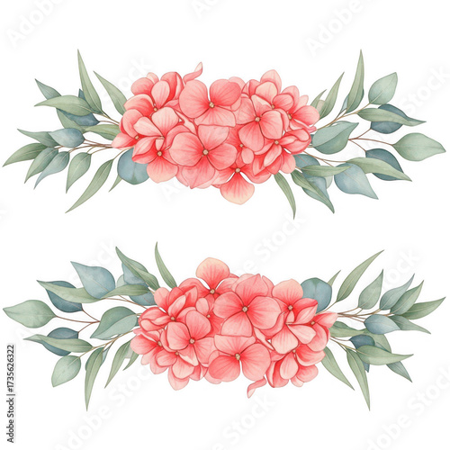 Delicate coral pink hydrangea floral arrangements with soft green leaves