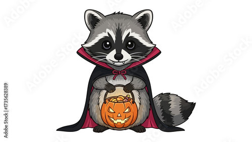 Halloween Raccoon with Pumpkin Bucket: A charming cartoon raccoon is all set for Halloween, wearing a cape and holding a carved pumpkin filled with candy, ready for trick-or-treating!