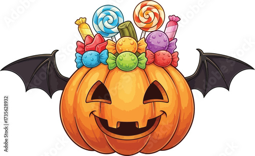 Cartoon halloween pumpkin with bat wings and candy for trick or treating fun