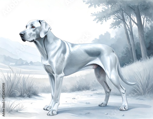 A majestic white dog in a landscape painting