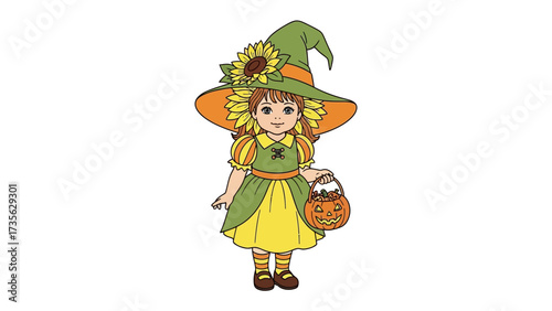 Little Witch with Sunflower Hat: A charming illustration of a young girl dressed as a witch, adorned with a festive sunflower hat and carrying a jack-o'-lantern treat bag.