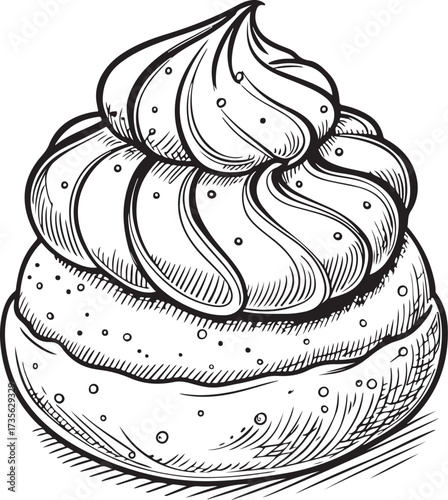 Cream puff Dessert Hand-drawn Sketch Drawing Vector Illustration, Line Linear Symbol Engraving Coloring Book, Black and White Isolated