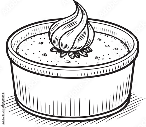 Crème brûlée Dessert Hand-drawn Sketch Drawing Vector Illustration, Line Linear Symbol Engraving Coloring Book, Black and White Isolated