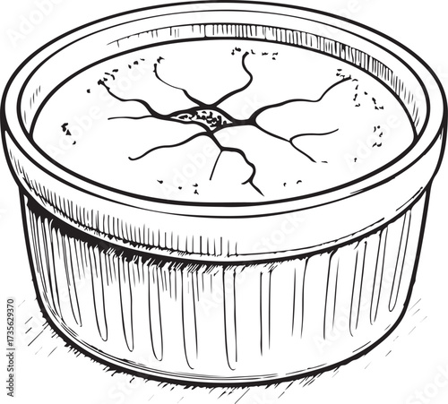 Crème brûlée Dessert Hand-drawn Sketch Drawing Vector Illustration, Line Linear Symbol Engraving Coloring Book, Black and White Isolated