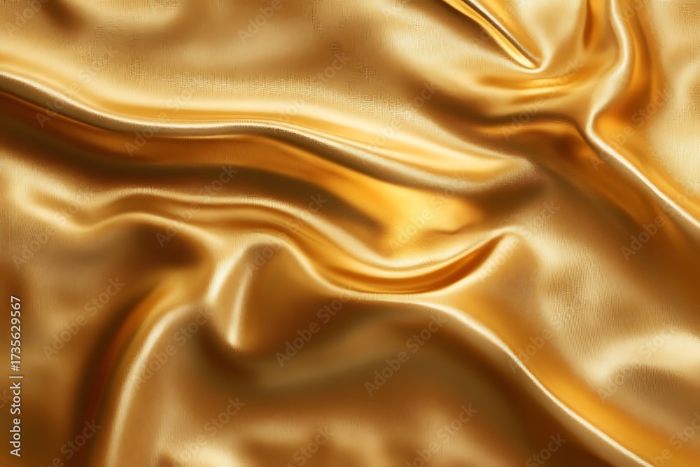 Fototapeta premium Luxurious golden silk draped in elegant folds, showcasing its rich texture and shimmering glow under soft lighting.