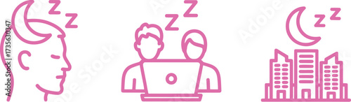 Set of sleeping icons showing a person sleeping people working late and city at night vector illustration for sleep and rest concepts
