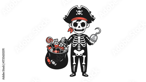 Halloween Pirate with Candy: A cheerful pirate skeleton in costume holds a bag brimming with treats and a hook, perfect for Halloween celebrations and spooky fun.