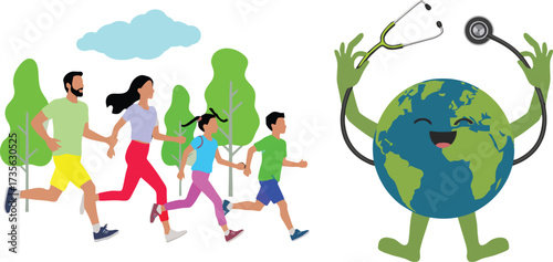 Family running in nature earth globe character holding a stethoscope promoting a healthy lifestyle and environmental awareness