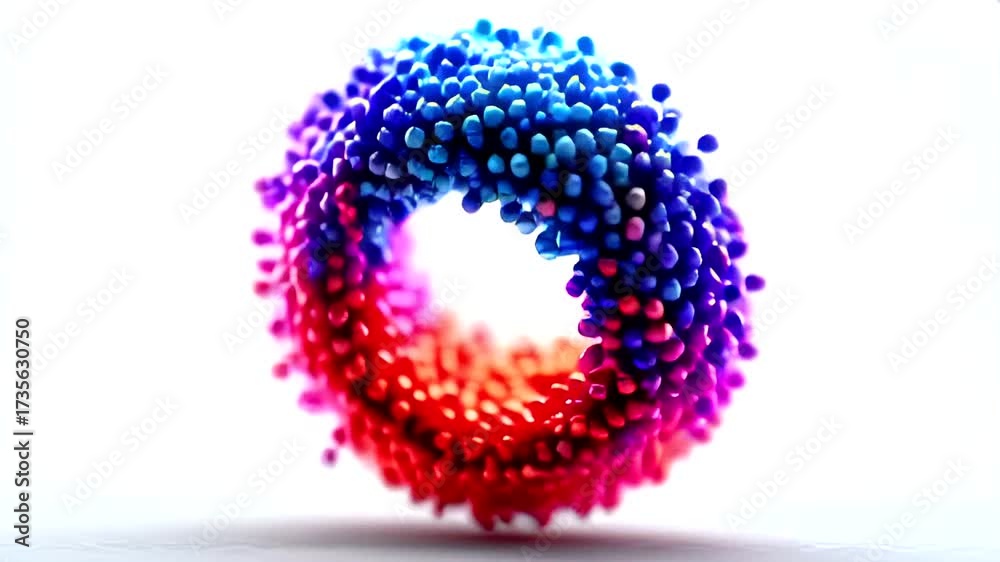 Abstract ring of tiny spherical particles transitioning from red to blue hues on a white background