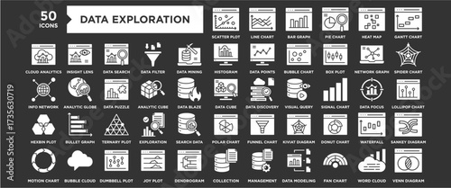 Data Exploration icon collection set. Containing design data, technology, digital, business, research, explore	