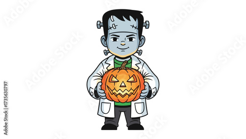 Frankenstein's Halloween: A friendly Frankenstein character embraces the Halloween spirit by holding an elaborately carved pumpkin.