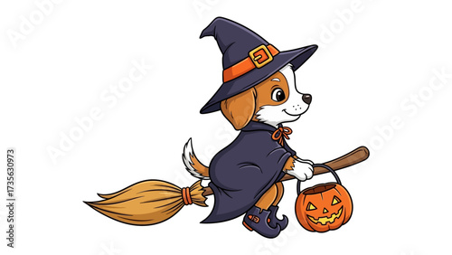 Whimsical Halloween Dog: A charming canine, adorned in a witch's hat and cape, joyfully soars on a broom, carrying a carved pumpkin pail. A delightful blend of holiday cheer.