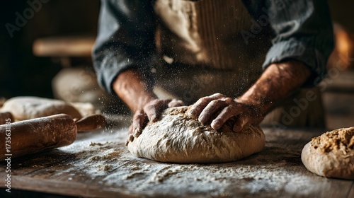 Rustic bread baking process with flour and dough. Artisan baker kneading homemade bread dough
