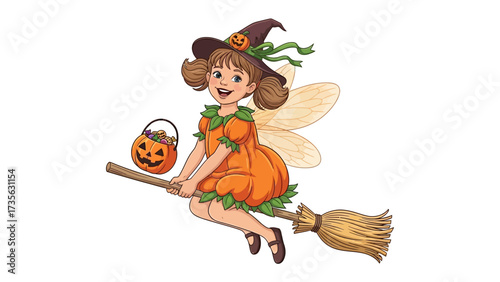Whimsical Halloween Witch on Broom: A charming illustration captures a young witch soaring through the sky, wearing a delightful pumpkin-themed outfit and carrying a candy-filled basket.