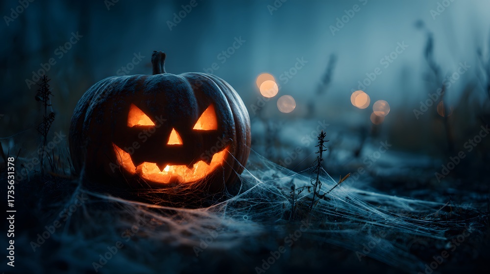 Naklejka premium Halloween night with spooky pumpkin lantern. Scary pumpkin with candle inside at night