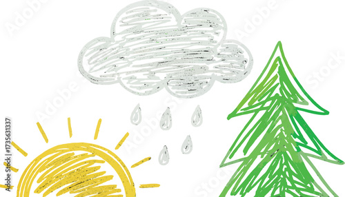 Hand drawn weather elements including sun cloud rain and tree simple illustration for kids books or educational materials