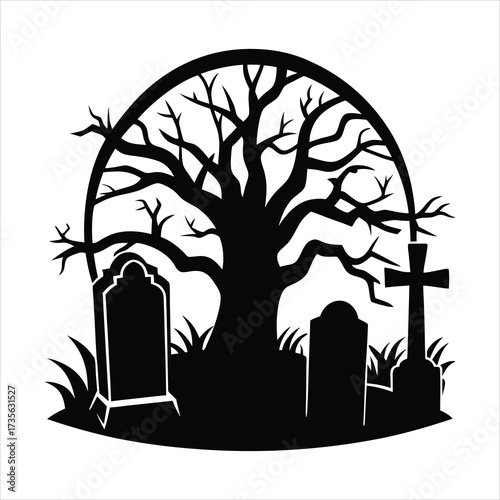 Spooky graveyard scene with tombstones and bare tr