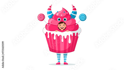Cupcake Monster Costume: A child joyfully peeks out from within an amusing and whimsical cupcake monster costume, complete with playful candy accents and horns.