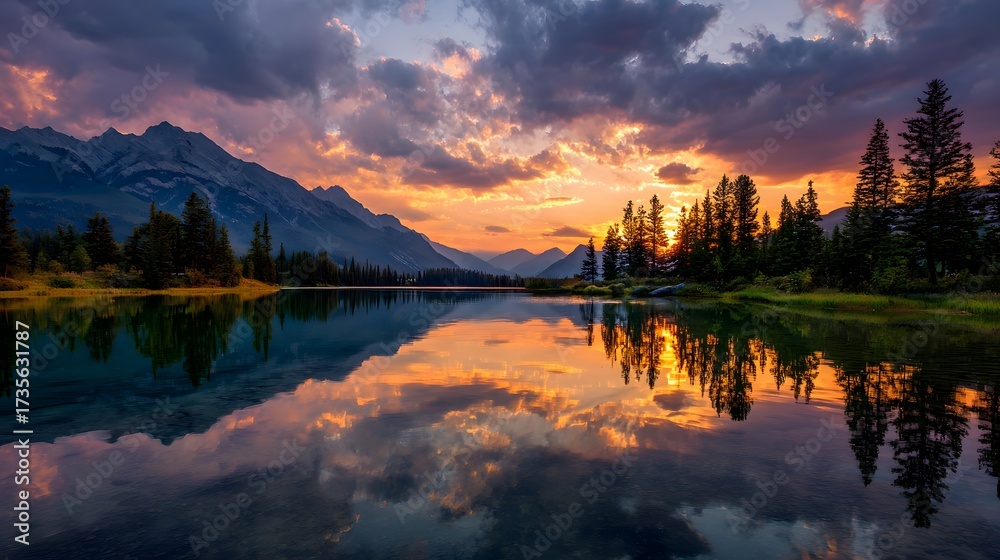 Fototapeta premium Scenic mountain landscape with glowing horizon. Sunset reflections on calm mountain lake