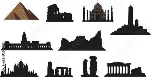 Global landmarks silhouette collection, famous historical architecture, iconic monuments from around the world, cultural heritage, travel inspiration, tourism design elements