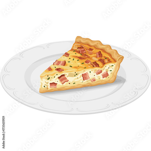 Quiche Lorraine Slice with Bacon, Cheese and Cream Vector Icon Transparent Background