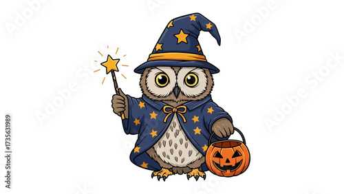 Wise Owl's Halloween Spectacle: An owl dressed in a wizard's attire, conjures enchanting magic, carrying a Halloween pumpkin bucket