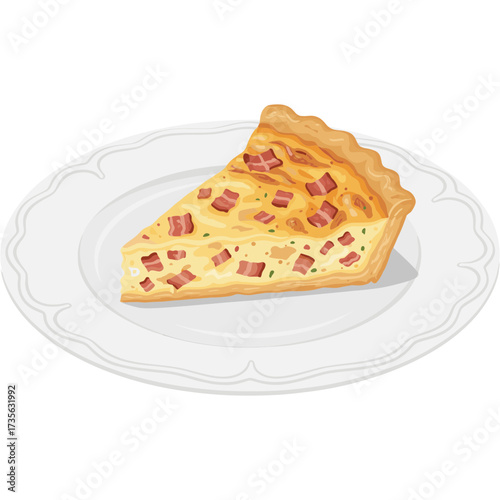 Slice of Quiche Lorraine with Cream, Cheese and Bacon Vector Icon Transparent Background