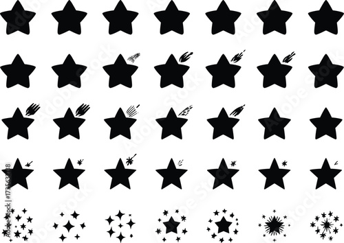 Black star icons collection with shooting stars, sparkles, night sky symbols, celestial graphic design elements