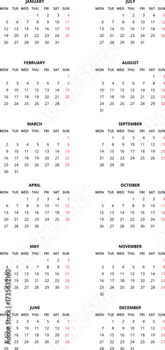 2026 Calendar template. Calendar 2026 - 12 months yearly calendar in year 2026 - planner calendar. Vector illustration for print, web, mobile app on transparent background