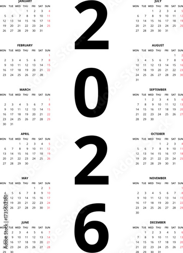 2026 Calendar template. Calendar 2026 - 12 months yearly calendar in year 2026 - planner calendar. Vector illustration for print, web, mobile app on transparent background