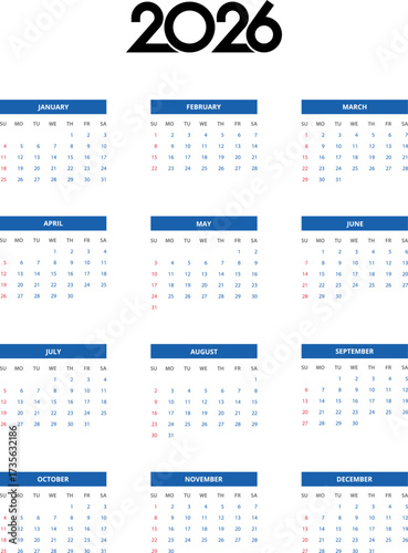 2026 Calendar template. Calendar 2026 - 12 months yearly calendar in year 2026 - planner calendar. Vector illustration for print, web, mobile app on transparent background