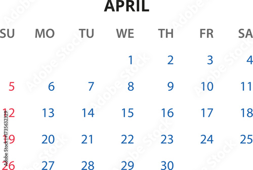 Monthly calendar January, February, March, April, May, June, July, August, September, October, November, December 2026 Vector illustration for print, web, mobile app on transparent background