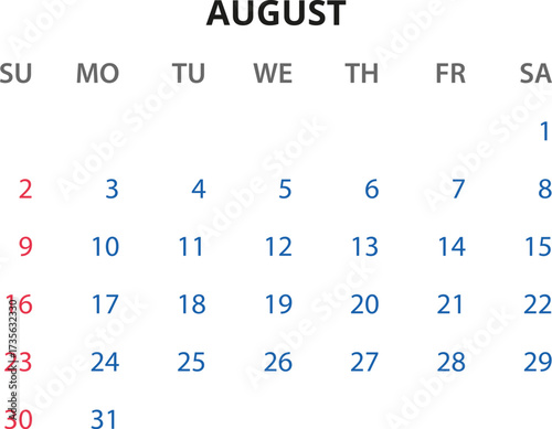 Monthly calendar January, February, March, April, May, June, July, August, September, October, November, December 2026 Vector illustration for print, web, mobile app on transparent background