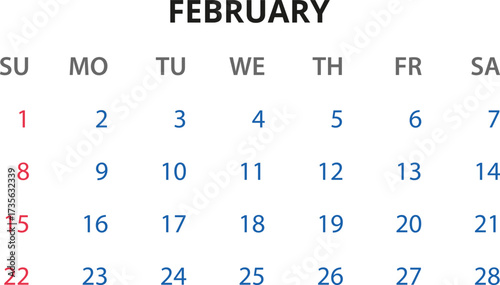 Monthly calendar January, February, March, April, May, June, July, August, September, October, November, December 2026 Vector illustration for print, web, mobile app on transparent background