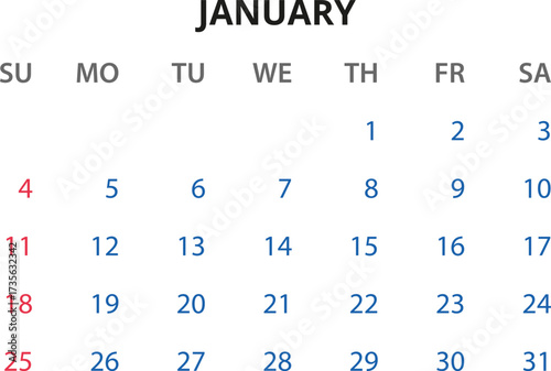 Monthly calendar January, February, March, April, May, June, July, August, September, October, November, December 2026 Vector illustration for print, web, mobile app on transparent background