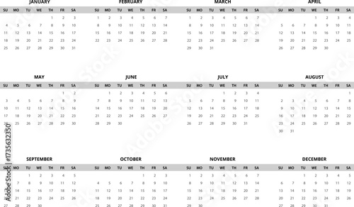 2026 Calendar template. Calendar 2026 - 12 months yearly calendar in year 2026 - planner calendar. Vector illustration for print, web, mobile app on transparent background